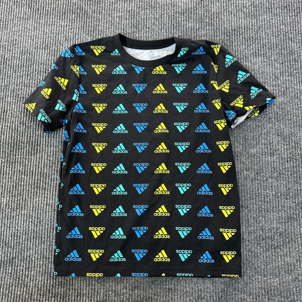 Adidas Youth All Over Print Logo T-Shirt M 10/12 Black Multicolor Cotton Blend